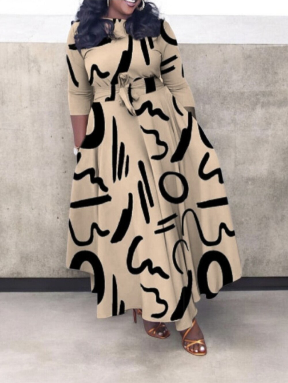 #K129 Beige & Black Abstract Print Maxi Dress with Tie Waist
